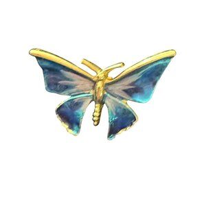 Vintage Blue Enamel Butterfly Brooch Pin Gold-Tone Accent Retro Jewelry